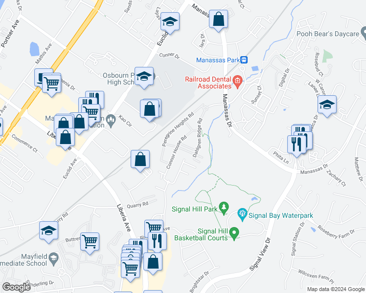 map of restaurants, bars, coffee shops, grocery stores, and more near 8150 Honey Bee Way in Manassas