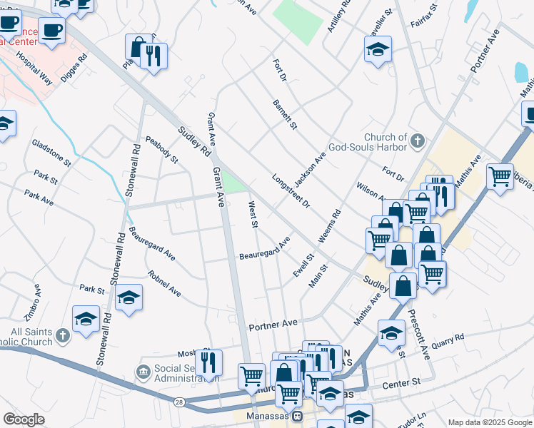 map of restaurants, bars, coffee shops, grocery stores, and more near 9012 Sudley Road in Manassas