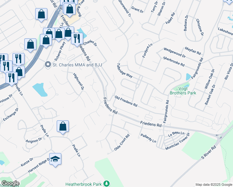 map of restaurants, bars, coffee shops, grocery stores, and more near 494 Old Friedens Road in Saint Charles