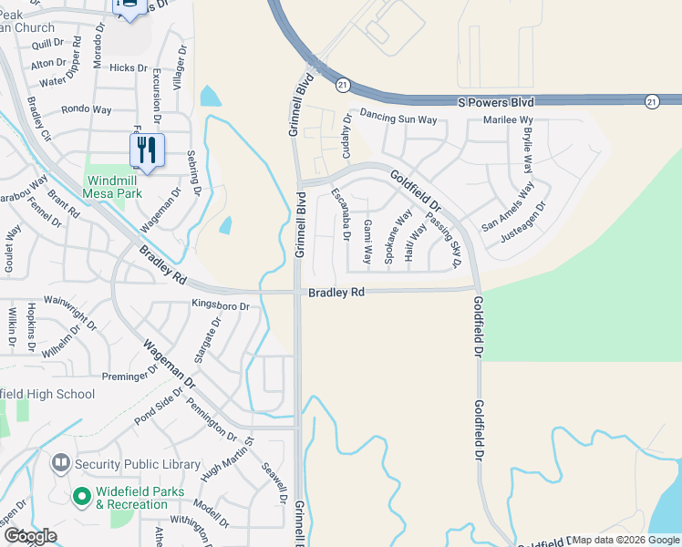 map of restaurants, bars, coffee shops, grocery stores, and more near 4985 Escanaba Drive in Colorado Springs
