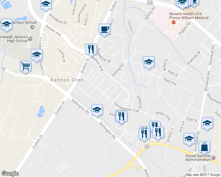 map of restaurants, bars, coffee shops, grocery stores, and more near 9004 Bonham Circle in Manassas