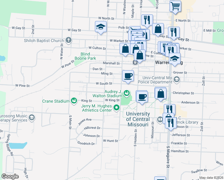map of restaurants, bars, coffee shops, grocery stores, and more near 211 McGoodwin Street in Warrensburg