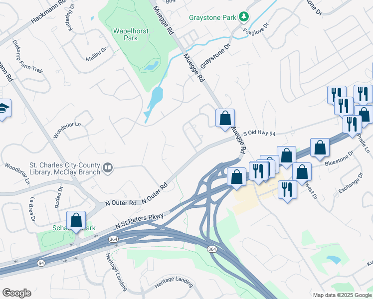 map of restaurants, bars, coffee shops, grocery stores, and more near 1643 Florine Boulevard in Saint Charles