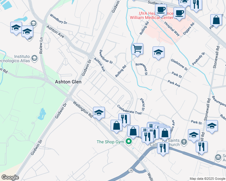 map of restaurants, bars, coffee shops, grocery stores, and more near 9004 Bonham Circle in Manassas