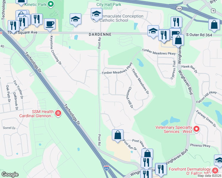 map of restaurants, bars, coffee shops, grocery stores, and more near 411 Copper Tree Trail in O'Fallon