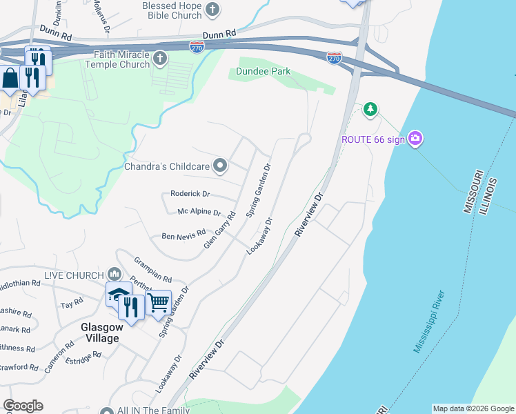 map of restaurants, bars, coffee shops, grocery stores, and more near 10749 Spring Garden Drive in St. Louis