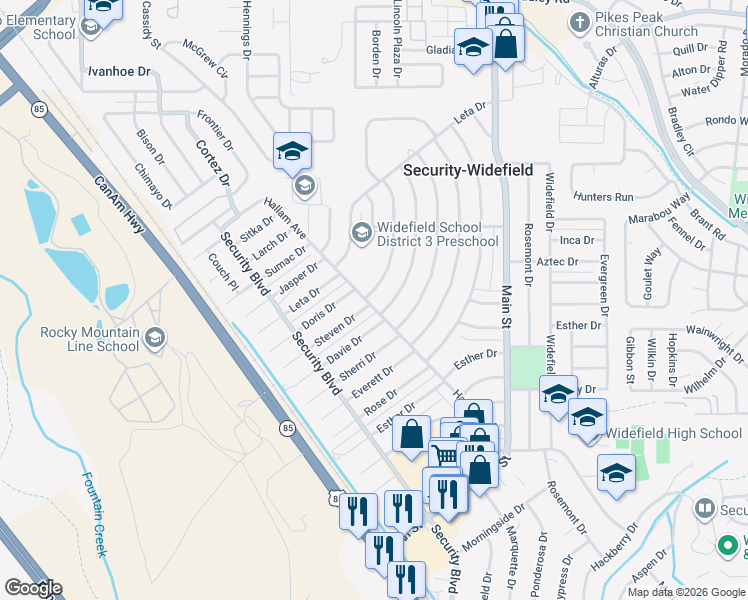 map of restaurants, bars, coffee shops, grocery stores, and more near 1301 Hallam Avenue in Colorado Springs