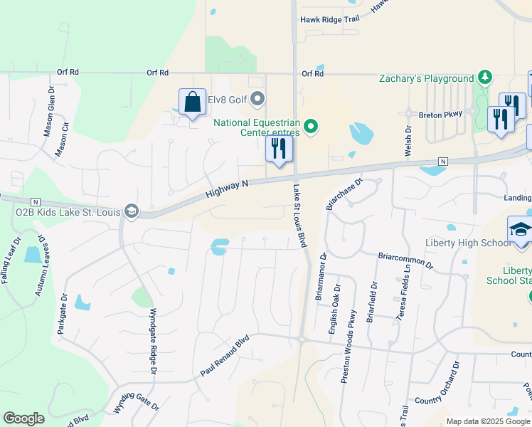 map of restaurants, bars, coffee shops, grocery stores, and more near Locksley Manor Drive in Lake Saint Louis