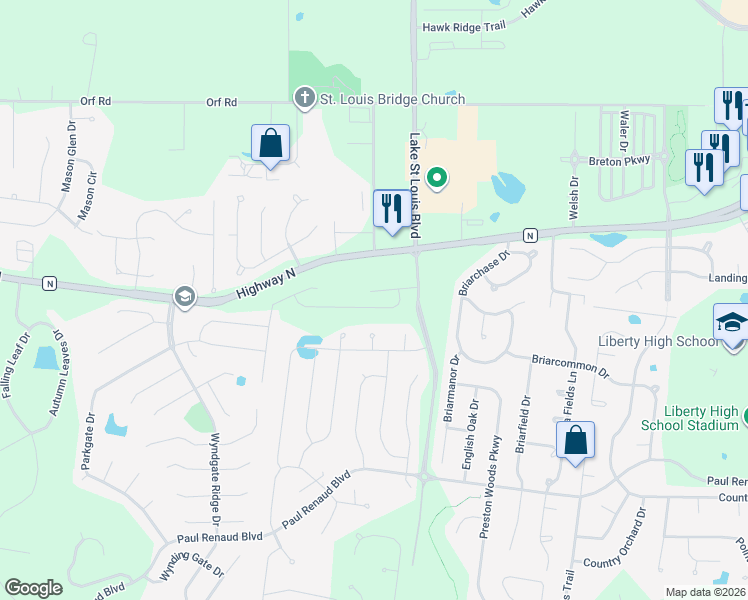 map of restaurants, bars, coffee shops, grocery stores, and more near Glen Brook Manor Drive in Lake Saint Louis