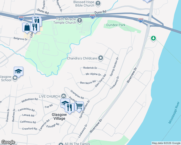 map of restaurants, bars, coffee shops, grocery stores, and more near 209 Mcalpine Drive in St. Louis
