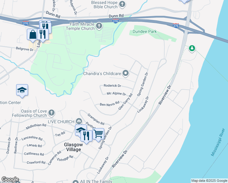 map of restaurants, bars, coffee shops, grocery stores, and more near 138 Roderick Drive in St. Louis
