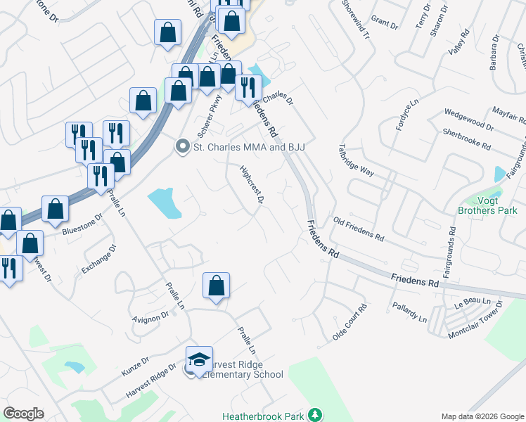 map of restaurants, bars, coffee shops, grocery stores, and more near 34 Arbor Point Court in Saint Charles