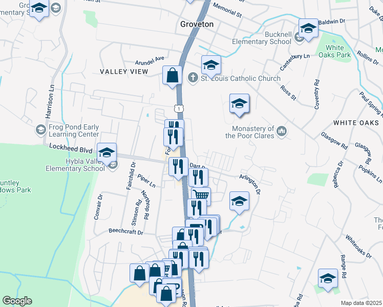 map of restaurants, bars, coffee shops, grocery stores, and more near 7250 Nightingale Hill Lane in Hybla Valley