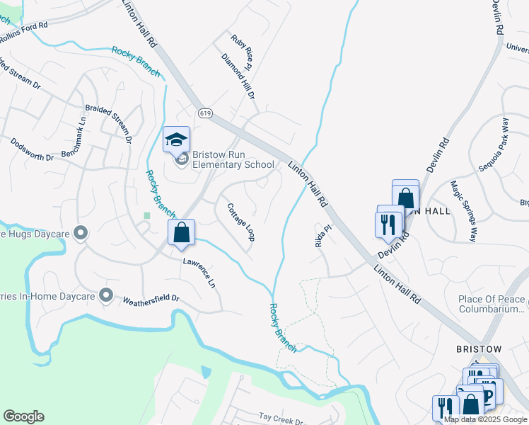 map of restaurants, bars, coffee shops, grocery stores, and more near 9070 Falcon Glen Court in Bristow