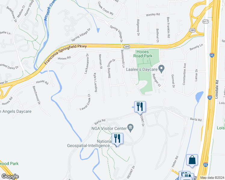 map of restaurants, bars, coffee shops, grocery stores, and more near 7303 Sterling Grove Drive in Springfield