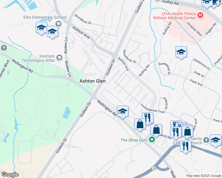 map of restaurants, bars, coffee shops, grocery stores, and more near 9019 Tyler Court in Manassas