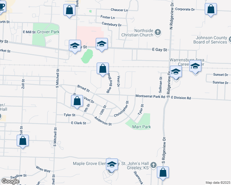 map of restaurants, bars, coffee shops, grocery stores, and more near 1011 Montserrat Park Road in Warrensburg