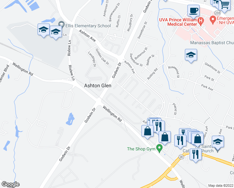 map of restaurants, bars, coffee shops, grocery stores, and more near 9019 Tyler Court in Manassas