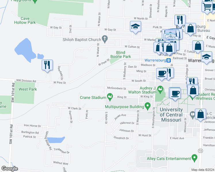 map of restaurants, bars, coffee shops, grocery stores, and more near 411 South Main Street in Warrensburg