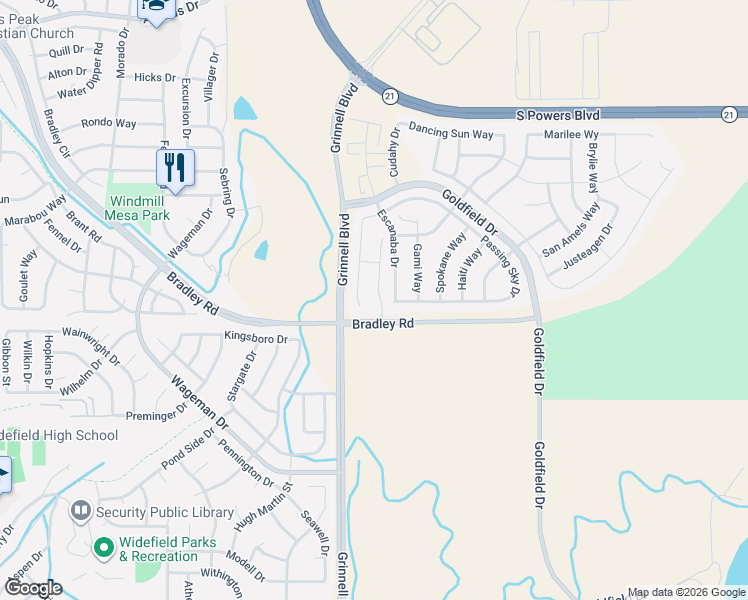 map of restaurants, bars, coffee shops, grocery stores, and more near 4506 Goldfield Drive in Colorado Springs