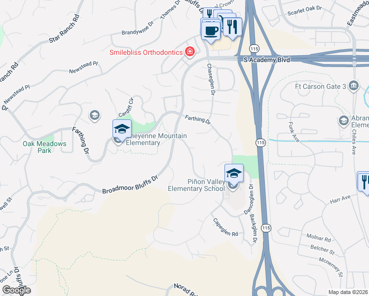 map of restaurants, bars, coffee shops, grocery stores, and more near 5008 Briscoglen Drive in Colorado Springs
