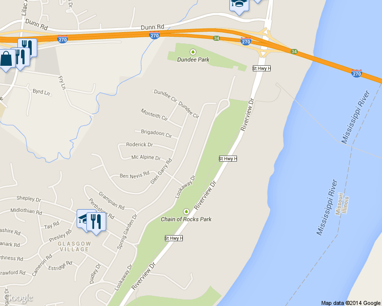 map of restaurants, bars, coffee shops, grocery stores, and more near 10752 Spring Garden Drive in St. Louis