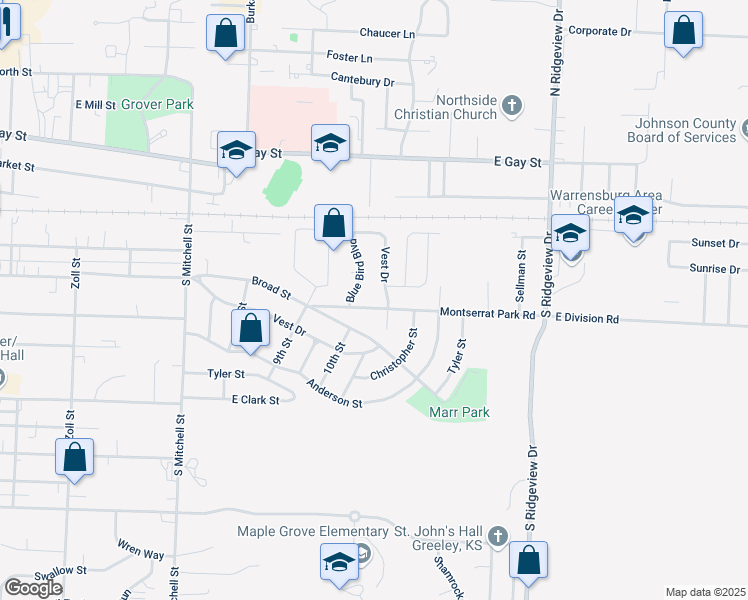 map of restaurants, bars, coffee shops, grocery stores, and more near 1011 Montserrat Park Road in Warrensburg