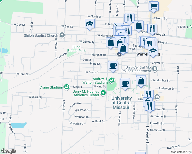 map of restaurants, bars, coffee shops, grocery stores, and more near 300 West South Street in Warrensburg