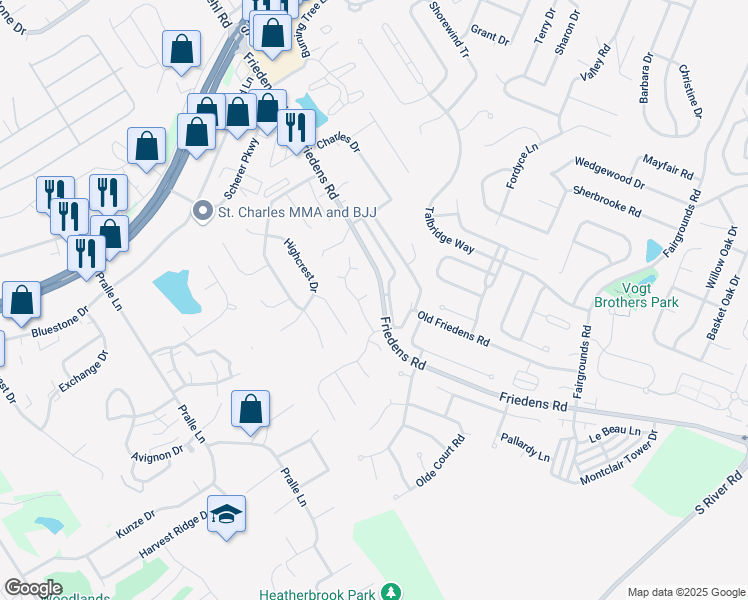 map of restaurants, bars, coffee shops, grocery stores, and more near 4 Austin Terrace Court in Saint Charles