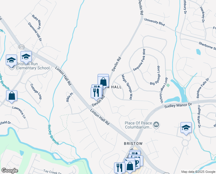 map of restaurants, bars, coffee shops, grocery stores, and more near in Bristow