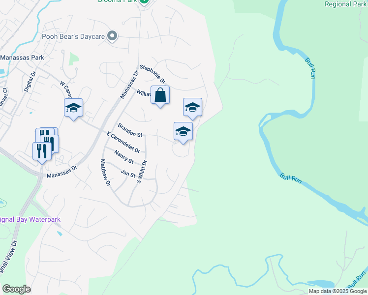 map of restaurants, bars, coffee shops, grocery stores, and more near 9330 Brandon Street in Manassas