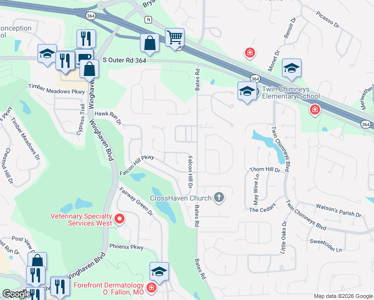 map of restaurants, bars, coffee shops, grocery stores, and more near 333 Falcon Hill Drive in O'Fallon