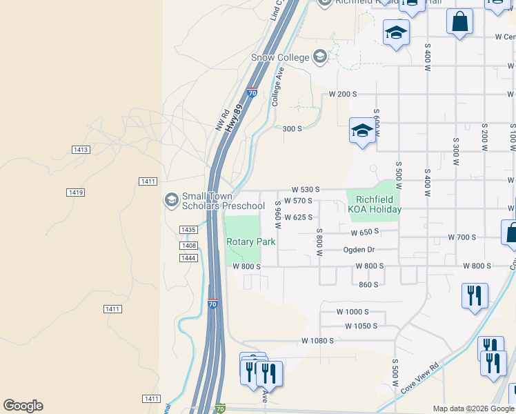map of restaurants, bars, coffee shops, grocery stores, and more near 590 South 1000 West in Richfield