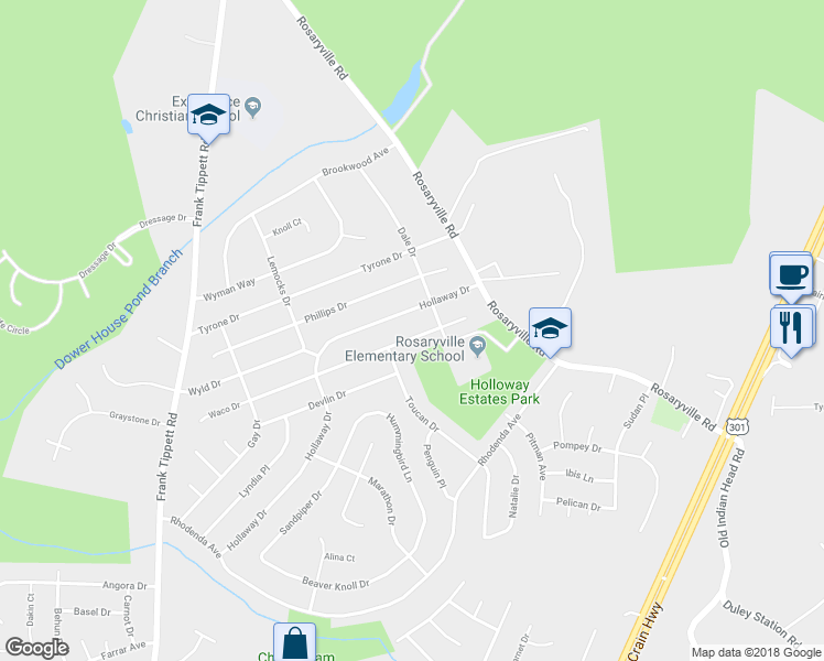 map of restaurants, bars, coffee shops, grocery stores, and more near 10906 Waco Drive in Upper Marlboro