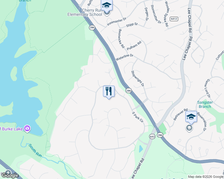 map of restaurants, bars, coffee shops, grocery stores, and more near 9723 South Park Circle in Fairfax Station