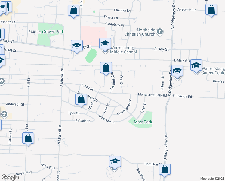 map of restaurants, bars, coffee shops, grocery stores, and more near 1011 Montserrat Park Road in Warrensburg
