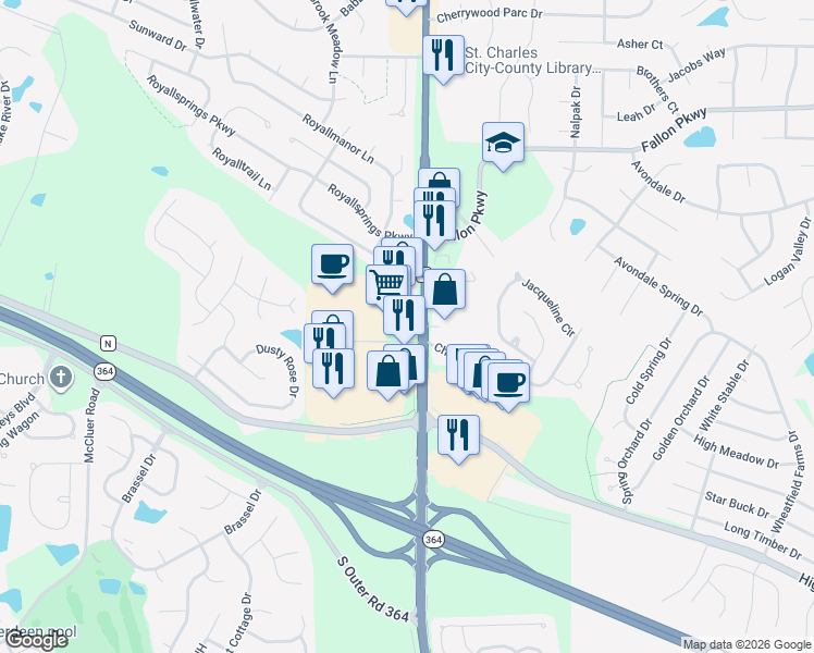 map of restaurants, bars, coffee shops, grocery stores, and more near 2913 State Highway K in O'Fallon