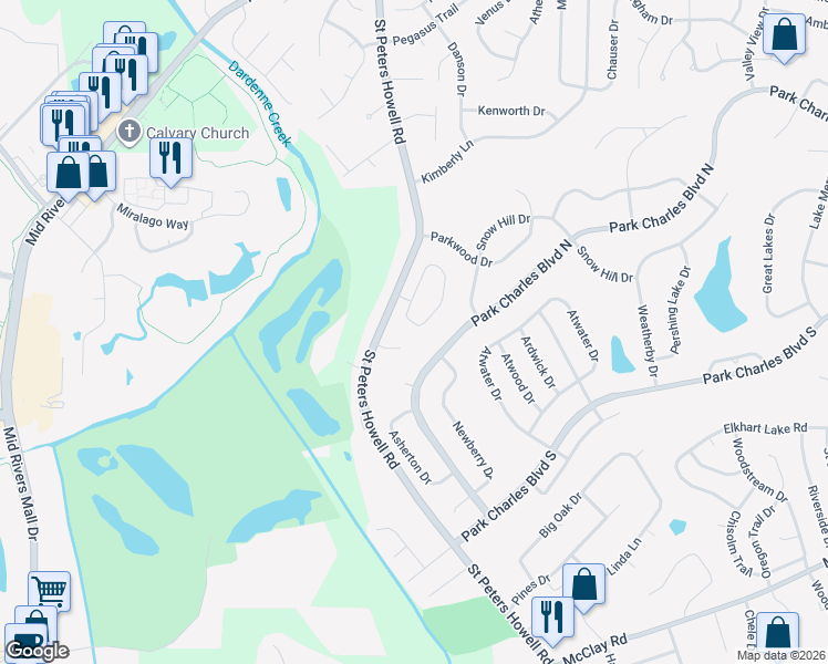 map of restaurants, bars, coffee shops, grocery stores, and more near 12 Park Place in St. Peters