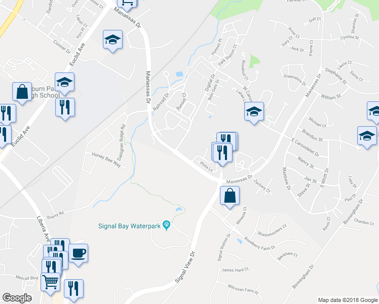 map of restaurants, bars, coffee shops, grocery stores, and more near 9091 Sandra Place in Manassas Park