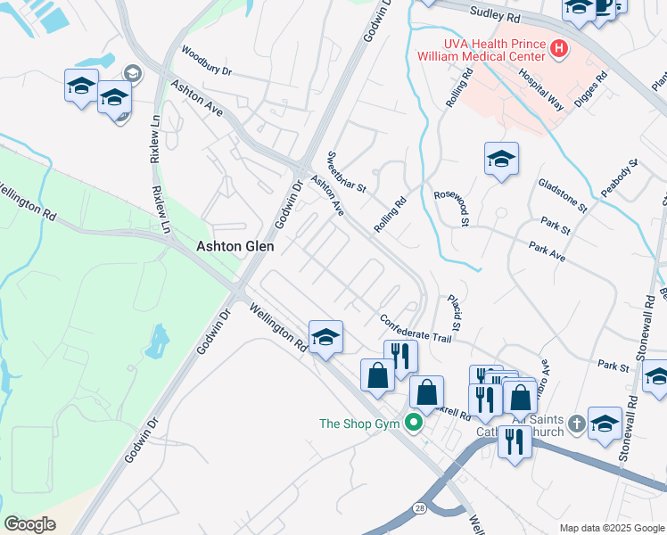 map of restaurants, bars, coffee shops, grocery stores, and more near 9040 Miles Place in Manassas