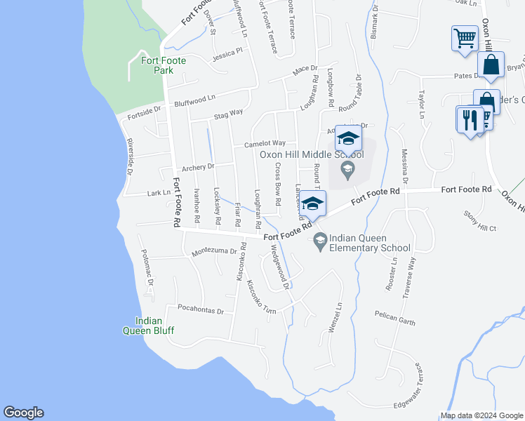 map of restaurants, bars, coffee shops, grocery stores, and more near 705 Pillory Way in Fort Washington