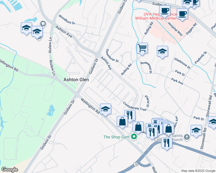 map of restaurants, bars, coffee shops, grocery stores, and more near 9040 Miles Place in Manassas