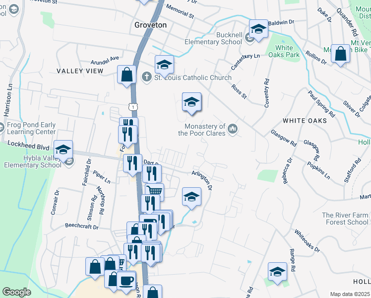 map of restaurants, bars, coffee shops, grocery stores, and more near 7206 Mountaineer Drive in Hybla Valley
