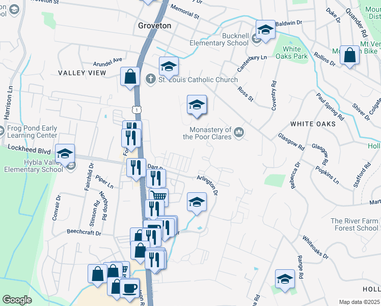 map of restaurants, bars, coffee shops, grocery stores, and more near 7206 Mountaineer Drive in Hybla Valley