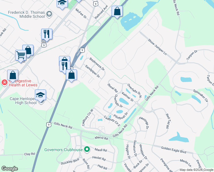 map of restaurants, bars, coffee shops, grocery stores, and more near 16634 Shoal Drive in Lewes
