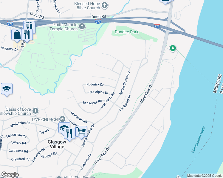map of restaurants, bars, coffee shops, grocery stores, and more near 106 Roderick Drive in St. Louis