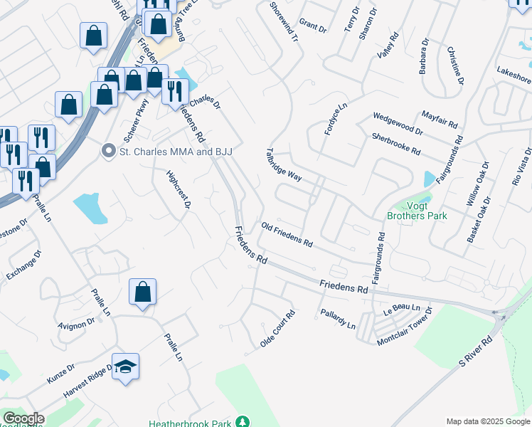 map of restaurants, bars, coffee shops, grocery stores, and more near 494 Old Friedens Road in Saint Charles