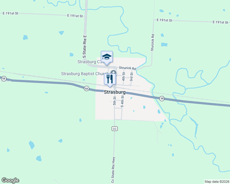 map of restaurants, bars, coffee shops, grocery stores, and more near in Strasburg