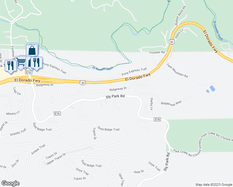 map of restaurants, bars, coffee shops, grocery stores, and more near 3401 Sly Park Road in Pollock Pines