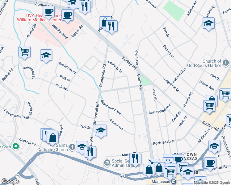 map of restaurants, bars, coffee shops, grocery stores, and more near 9401 Stuart Avenue in Manassas